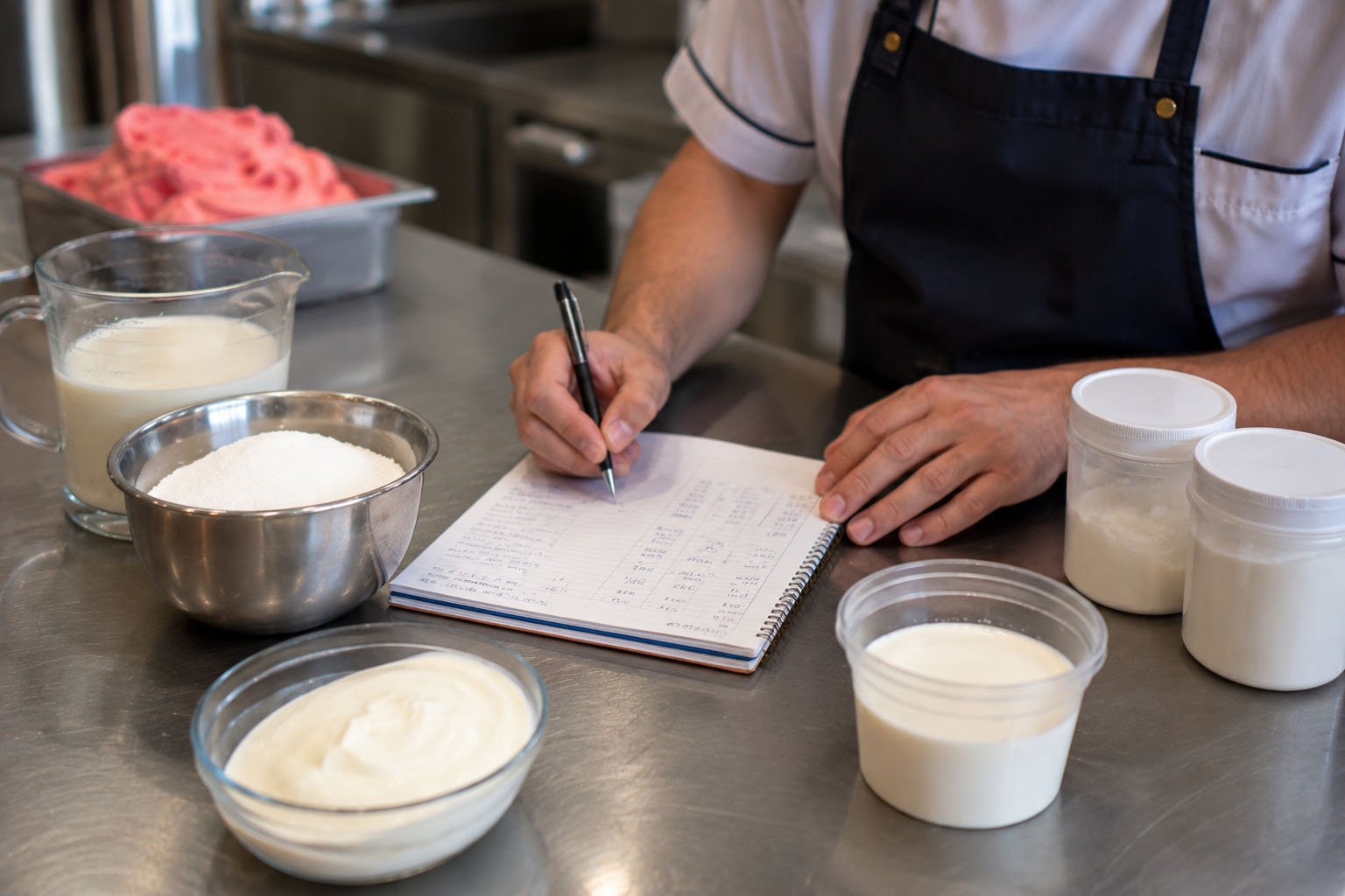 Sorveteiro anotando cálculos de uma receita balanceada de sorvete ao lado de ingredientes organizados