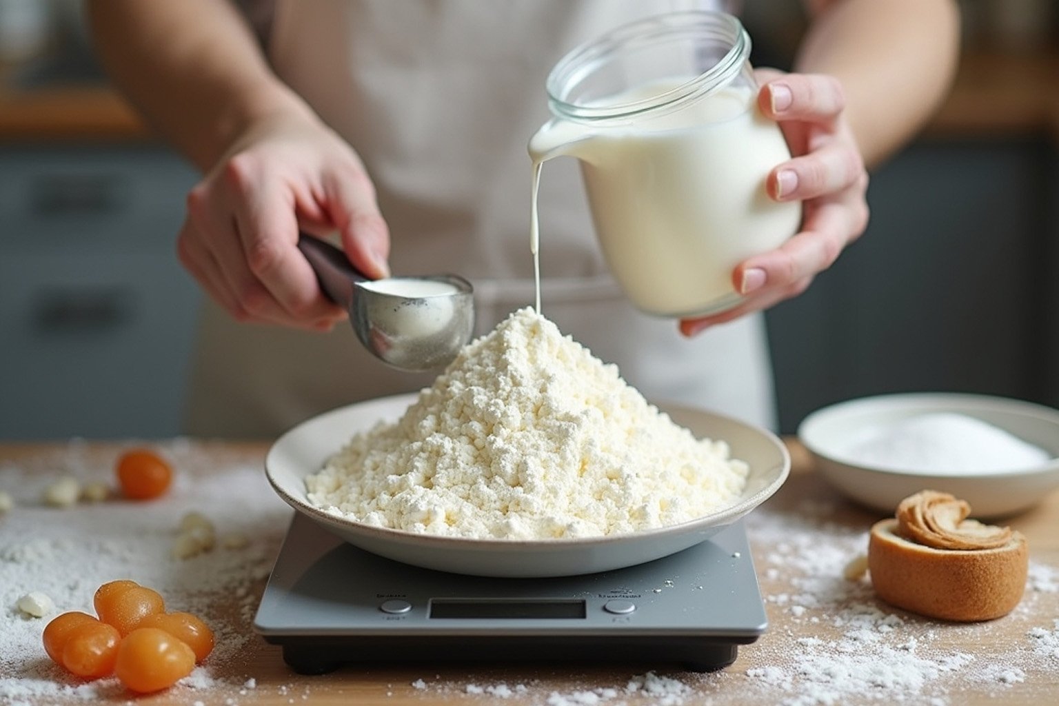 Ingredientes de sorvete artesanal organizados sobre a bancada — leite em pó, açúcar, creme de leite — sendo pesados em balança de cozinha