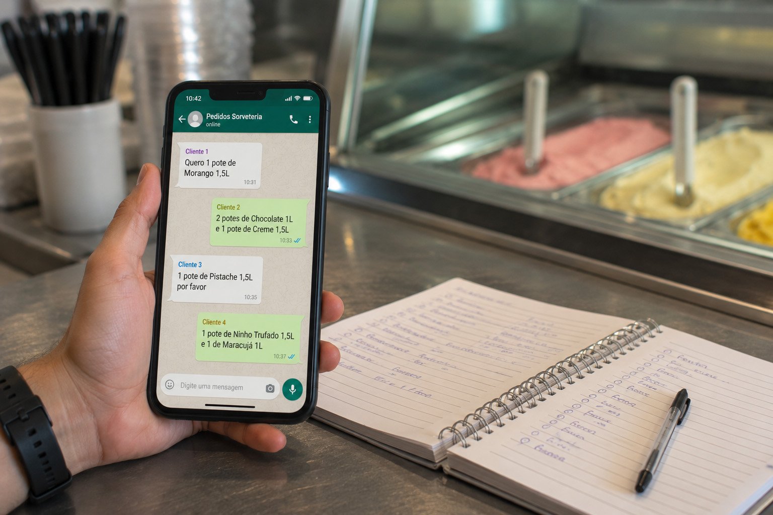 Celular mostrando conversas de WhatsApp com pedidos de sorvete ao lado de um caderno de anotações