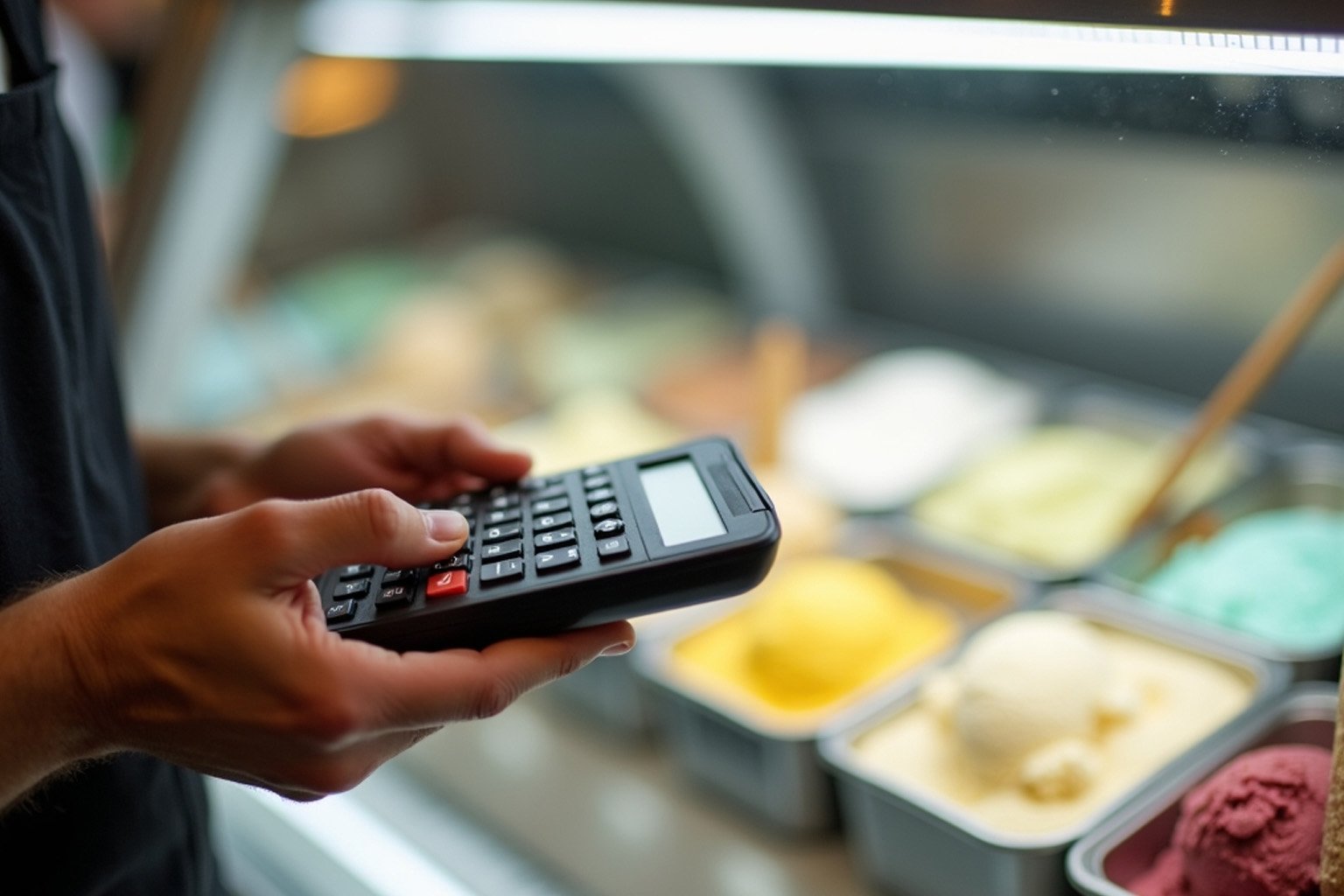 Sorveteiro calculando o preço de venda em uma calculadora ao lado de potes de sorvete prontos