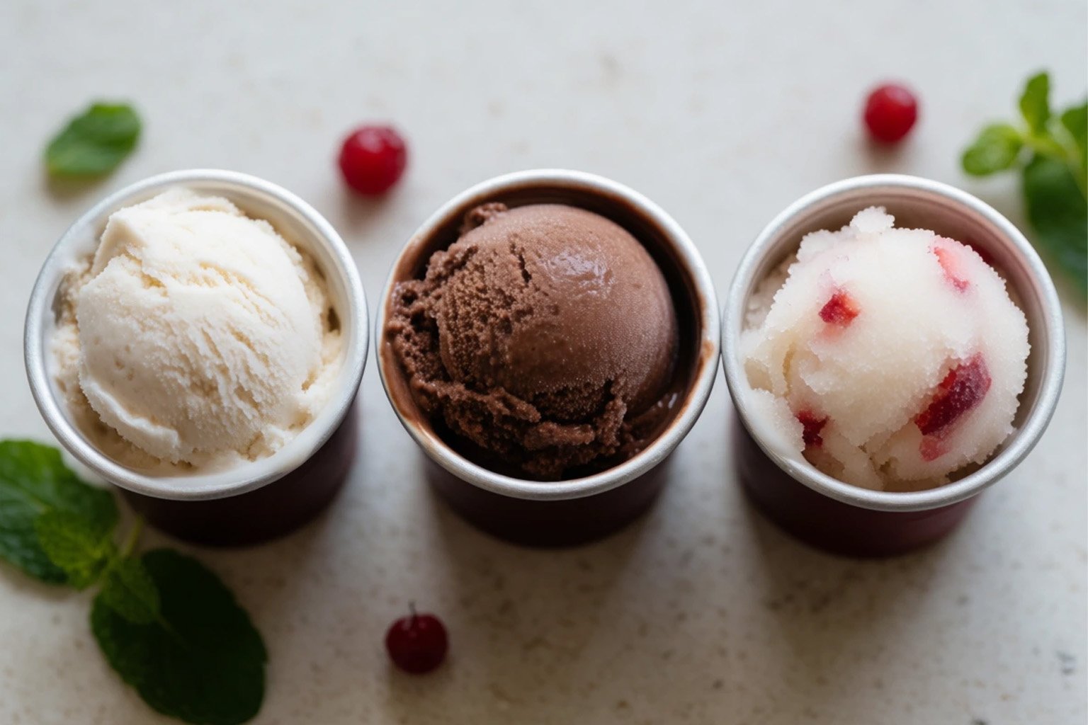 Três potes lado a lado com sorvete cremoso, gelato e sorbet de fruta colorido